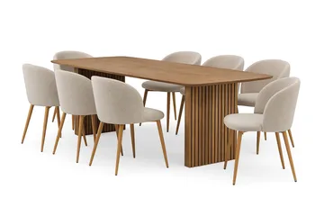 Richeto Matbord 240 cm med 8 Greya Matstolar med armstöd - Naturlig finish / Greige Bouclé / Metallben Ek - Möbler - Bord & matgrupp - Matgrupp