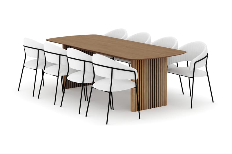Richeto Matbord 240 cm med 8 Karol Matstolar, Naturlig finish / Vit Bouclé