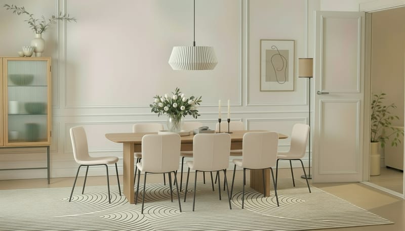 Richeto Matbord 240 cm med 8 Katy Matstolar - Naturlig finish / Vit Bouclé / Metallben Svart - Möbler - Bord & matgrupp - Matgrupp