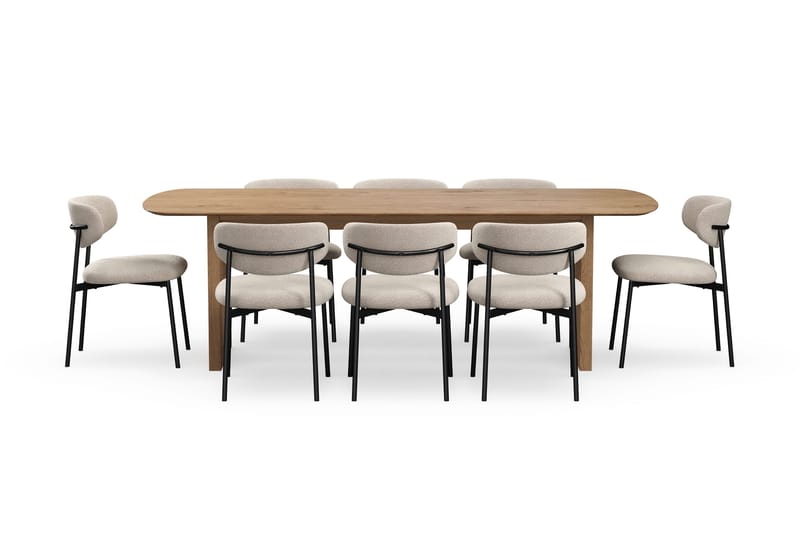 Richeto Matbord 240 cm med 8 Lucy Matstolar - Naturlig finish / Greige Bouclé / Metallben Svart - Möbler - Bord & matgrupp - Matgrupp
