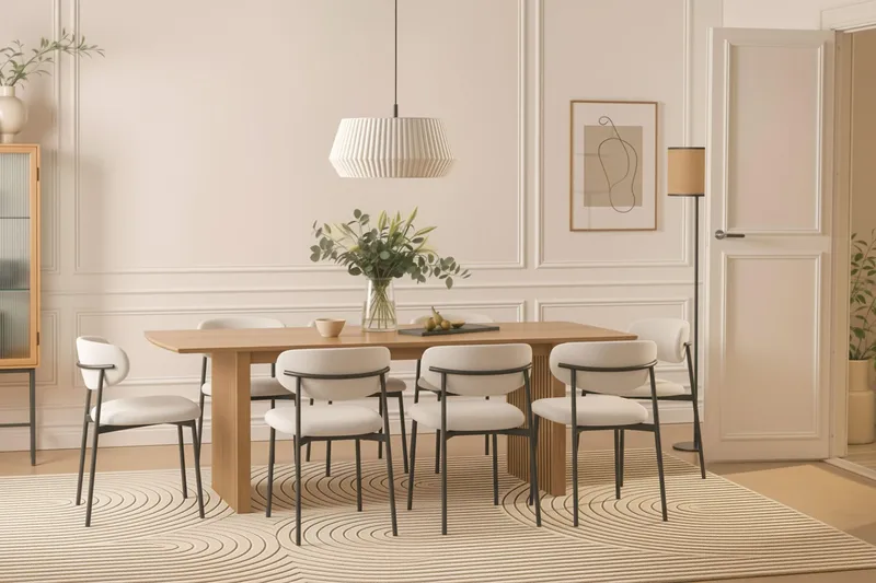 Richeto Matbord 240 cm med 8 Lucy Matstolar - Naturlig finish / Vit Bouclé / Metallben Svart - Möbler - Bord & matgrupp - Matgrupp