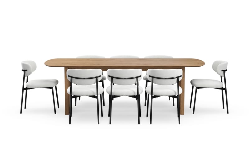 Richeto Matbord 240 cm med 8 Lucy Matstolar - Naturlig finish / Vit Bouclé / Metallben Svart - Möbler - Bord & matgrupp - Matgrupp
