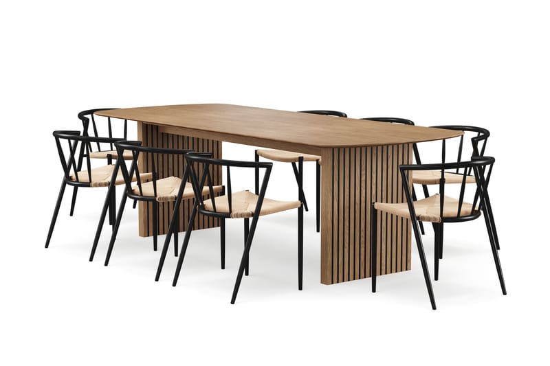 Richeto Matbord 240 cm med 8 Winston Matstolar, Naturlig finish / Beige / Metallben Svart