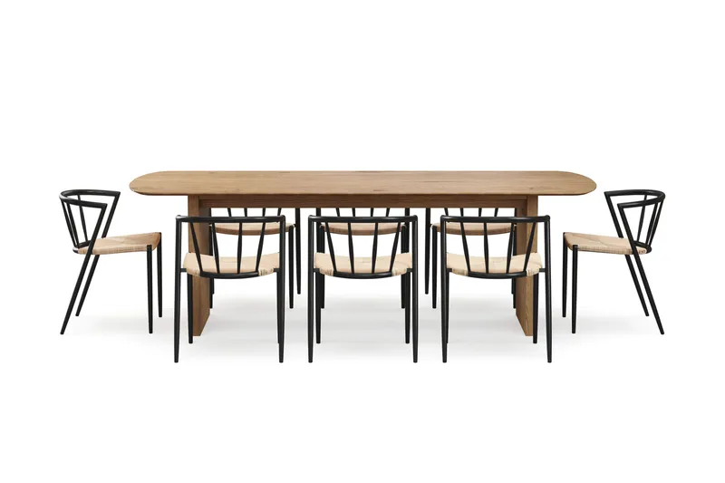 Richeto Matbord 240 cm med 8 Winston Matstolar - Naturlig finish / Beige / Metallben Svart - Möbler - Bord & matgrupp - Matgrupp