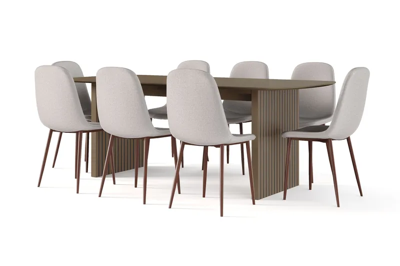 Richeto Matbord Rökt Ek 210 cm valnöt +  8 st Nibe stol beige med valnöt ben, Brun/Beige