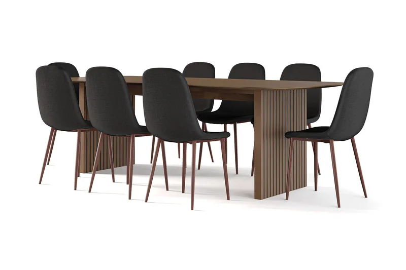 Richeto Matbord Rökt Ek 240 cm valnöt +  8 st Nibe stol svart med valnöt ben - Brun/Svart - Möbler - Bord & matgrupp - Matgrupp