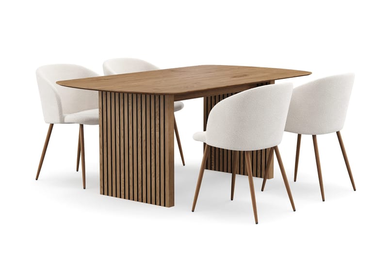 Richeto Matgrupp 180 cm med 4 Greya Matstolar med Armstöd - Naturlig Finish/Vit Bouclé - Möbler - Bord & matgrupp - Matgrupp