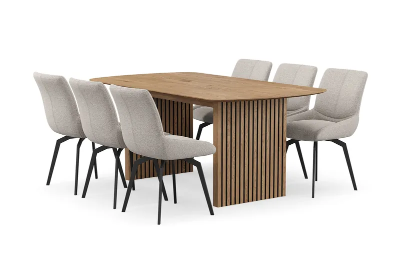 Richeto Matgrupp 180 cm med 6 Mora Snurrstolar, Naturlig finish/Mörkbeige