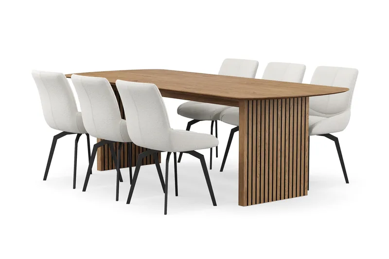 Richeto Matgrupp 240 cm med 6 Mora Snurrstolar, Naturlig finish/Ljusbeige