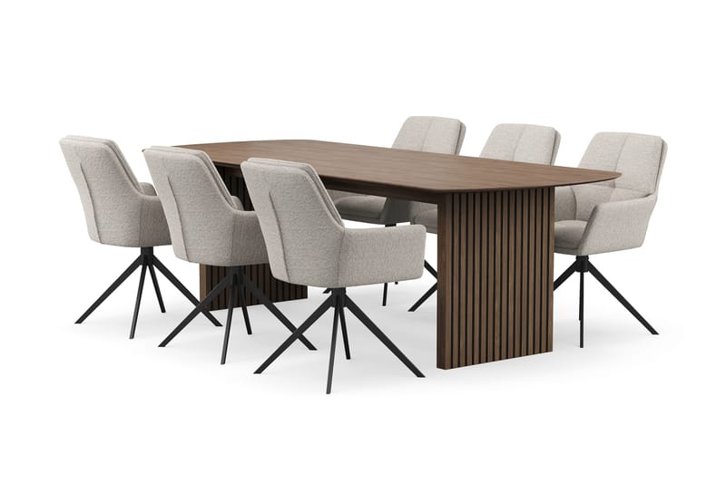 Richeto Matgrupp 240 cm med 6 Torsby Snurrstolar, Rökt ek/Mörkbeige