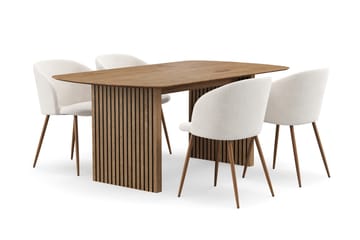 Richeto Matgrupp med 4 Greya Matstolar med Armstöd - Naturlig Finish/Vit Bouclé - Möbler - Bord & matgrupp - Matgrupp