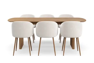 Richeto Matgrupp med 6 Greya Matstolar med Armstöd - Naturlig Finish/Vit Bouclé - Möbler - Bord & matgrupp - Matgrupp