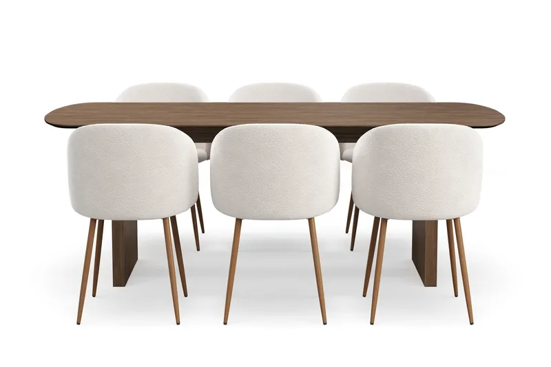 Richeto Matgrupp med 6 Greya Matstolar med Armstöd, Naturlig Finish/Vit Bouclé