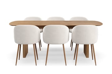 Richeto Matgrupp med 6 Greya Matstolar med Armstöd - Naturlig Finish/Vit Bouclé - Möbler - Bord & matgrupp - Matgrupp