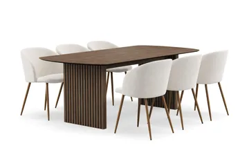 Richeto Matgrupp med 6 Greya Matstolar med Armstöd - Naturlig Finish/Vit Bouclé - Möbler - Bord & matgrupp - Matgrupp