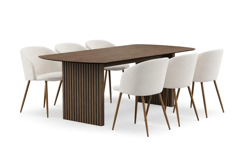 Richeto Matgrupp med 6 Greya Matstolar med Armstöd - Naturlig Finish/Vit Bouclé - Möbler - Bord & matgrupp - Matgrupp