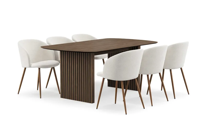 Richeto Matgrupp med 6 Greya Matstolar med Armstöd - Rökt Ek/Vit Bouclé - Möbler - Bord & matgrupp - Matgrupp