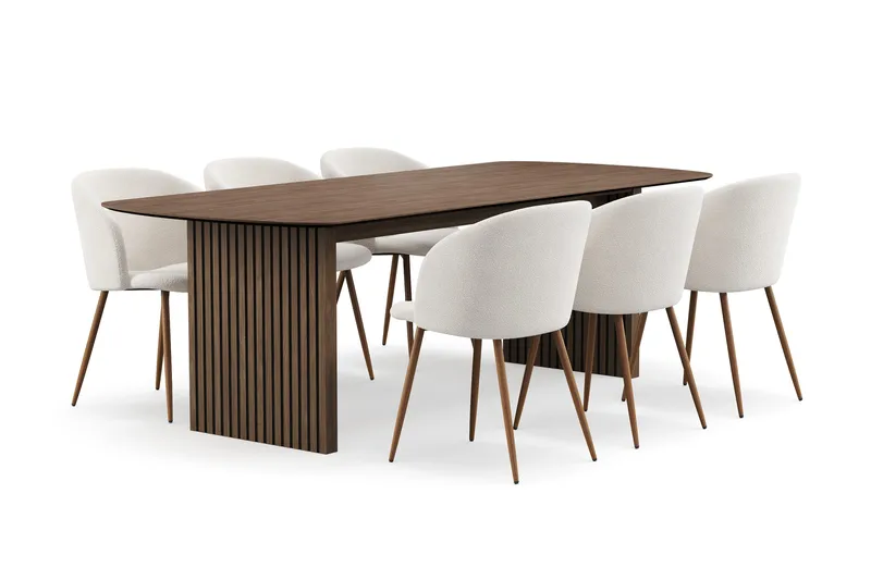 Richeto Matgrupp med 6 Greya Matstolar med Armstöd - Rökt Ek/Vit Bouclé - Möbler - Bord & matgrupp - Matgrupp