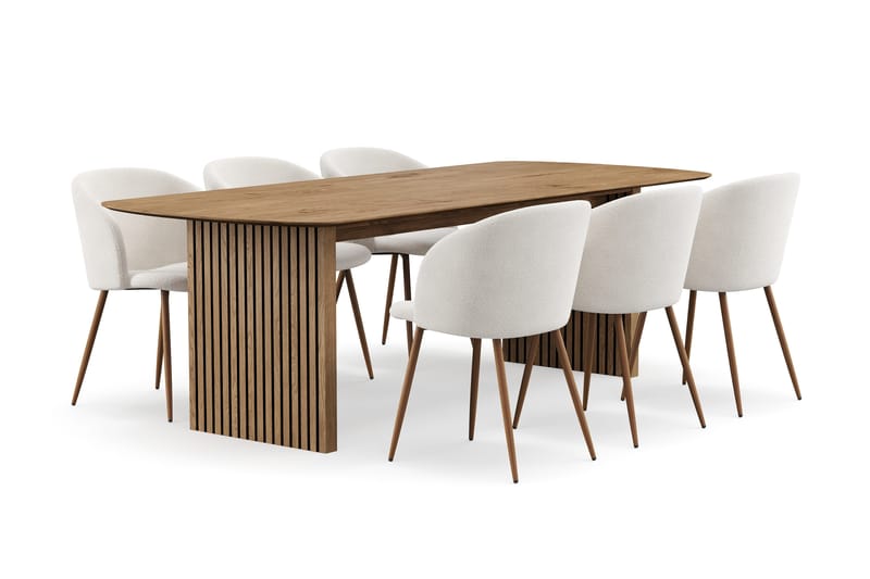 Richeto Matgrupp med 6 Greya Matstolar med Armstöd - Rökt Ek/Vit Bouclé - Möbler - Bord & matgrupp - Matgrupp