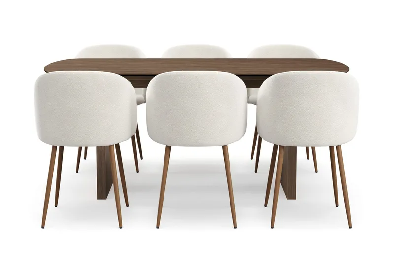 Richeto Matgrupp med 6 Greya Matstolar med Armstöd, Rökt Ek/Vit Bouclé