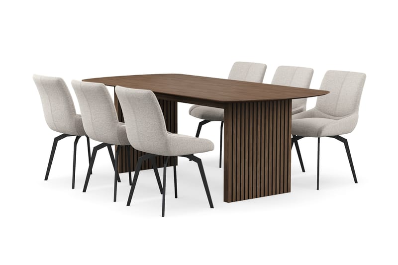 Richeto Matgrupp Rökt Ek 210 cm med 6 Mora Snurrstolar - Rökt ek/Mörkbeige - Möbler - Bord & matgrupp - Matgrupp