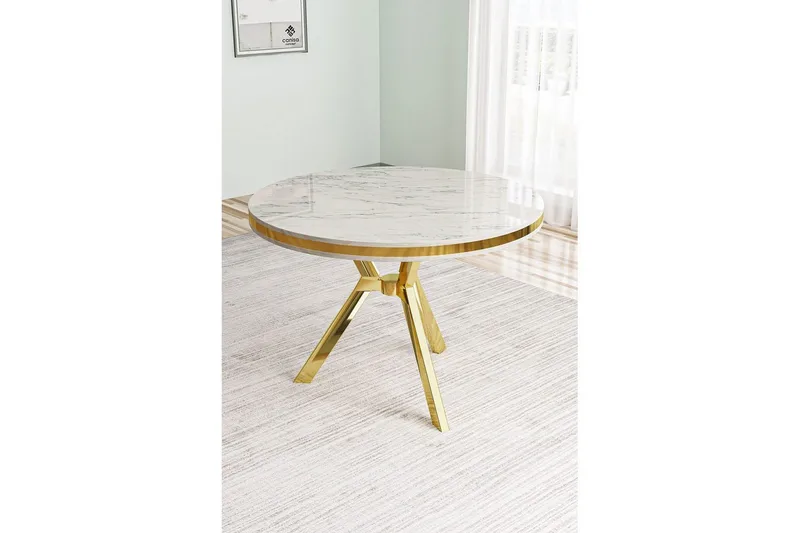 Rivor Litet Runt Matbord 90 cm med Marmorutseende - Vit/Guld - Möbler - Bord & matgrupp - Marmorbord