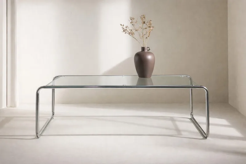 Saturnus Rektangulärt Soffbord 120 cm i Glas och Metall, Klar