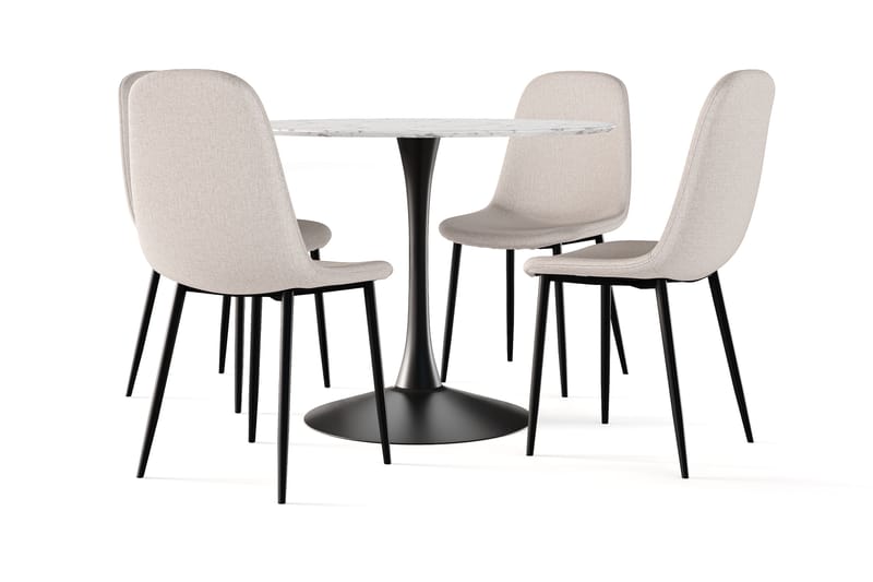 Severo Matbord 100 cm Runt Svart bas +  4 st Naira stol beige med svarta ben, Vit/Svart/Beige
