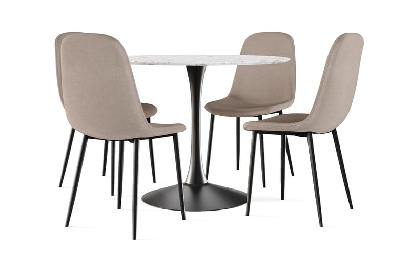 Severo Matbord 100 cm Runt Svart bas +  4 st Naira stol brun med svarta ben, Vit/Svart/Brun