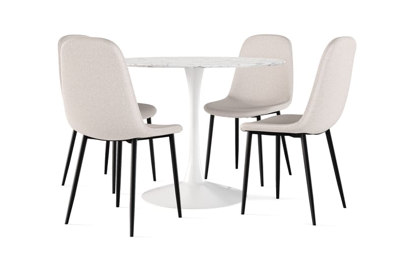 Severo Matbord 100 cm Runt vit bas +  4 st Naira stol beige med svarta ben, Vit/Beige