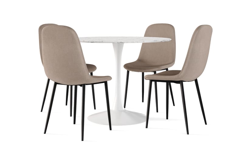 Severo Matbord 100 cm Runt vit bas +  4 st Naira stol brun med svarta ben, Vit/Brun