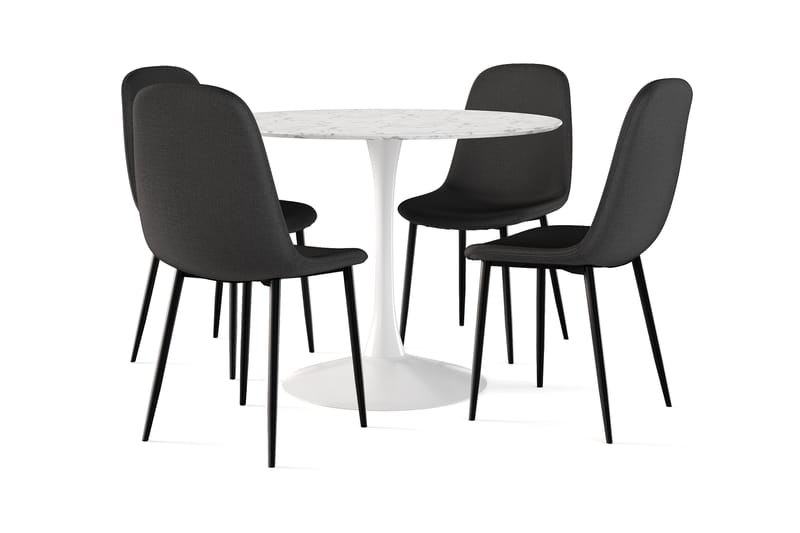 Severo Matbord 100 cm Runt vit bas +  4 st Naira stol svart med svarta ben, Vit/Svart