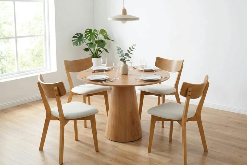 Siena Matgrupp 110 cm runt i Ek med 4 Amelia Matstolar med Dyna - Ek/Beige - Möbler - Bord & matgrupp - Matgrupp