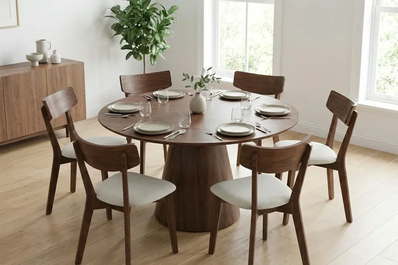 Siena Matgrupp 130 cm runt i Valnöt med 6 Amelia Matstolar med Dyna - Valnöt/Beige - Möbler - Bord & matgrupp - Matgrupp