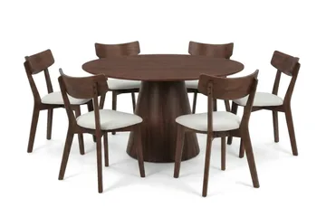Siena Matgrupp 130 cm runt i Valnöt med 6 Amelia Matstolar med Dyna - Valnöt/Beige - Möbler - Bord & matgrupp - Matgrupp