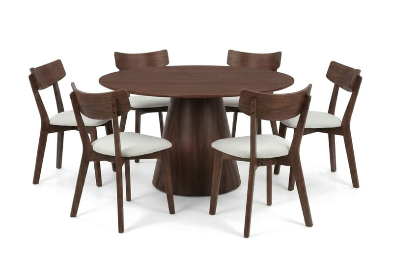 Siena Matgrupp 130 cm runt i Valnöt med 6 Amelia Matstolar med Dyna - Valnöt/Beige - Möbler - Bord & matgrupp - Matgrupp