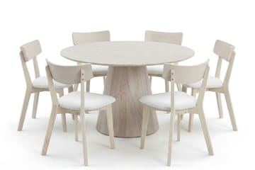 Siena Matgrupp 130 cm runt Vitlaserad med 6 Amelia Matstolar med Dyna - Vitlaserad/Beige - Möbler - Bord & matgrupp - Matgrupp