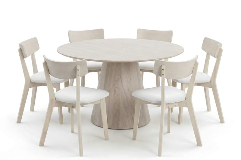 Siena Matgrupp 130 cm runt Vitlaserad med 6 Amelia Matstolar med Dyna - Vitlaserad/Beige - Möbler - Bord & matgrupp - Matgrupp