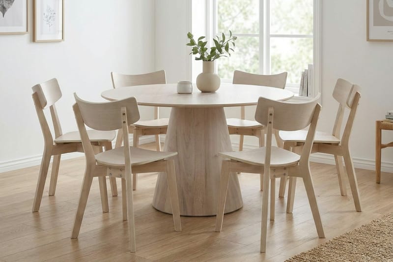 Siena Matgrupp 130 cm runt Vitlaserad med 6 Amelia Matstolar - Vitlaserad - Möbler - Bord & matgrupp - Matgrupp