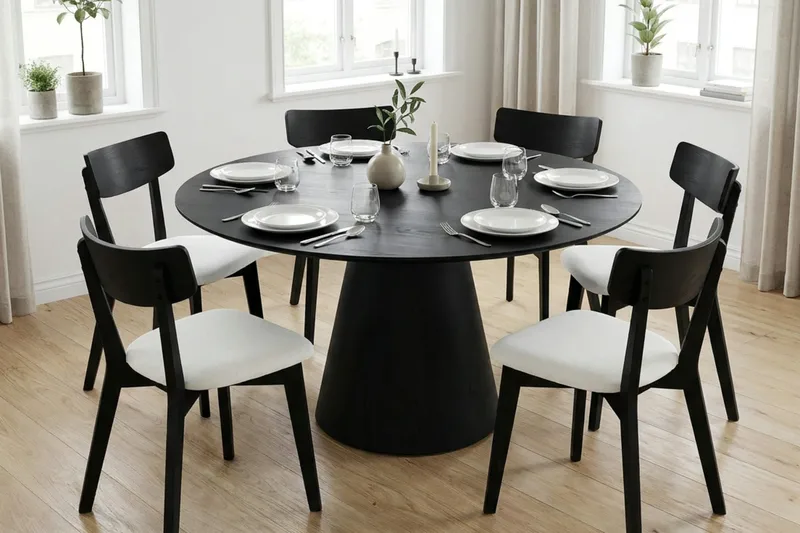 Siena Matgrupp 150 cm runt i Svart med 6 Amelia Matstolar med Dyna - Svart/Beige - Möbler - Bord & matgrupp - Matgrupp