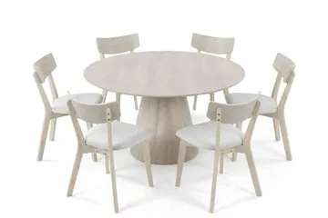 Siena Matgrupp 150 cm runt Vitlaserad med 6 Amelia Matstolar med Dyna - Vitlaserad/Beige - Möbler - Bord & matgrupp - Matgrupp