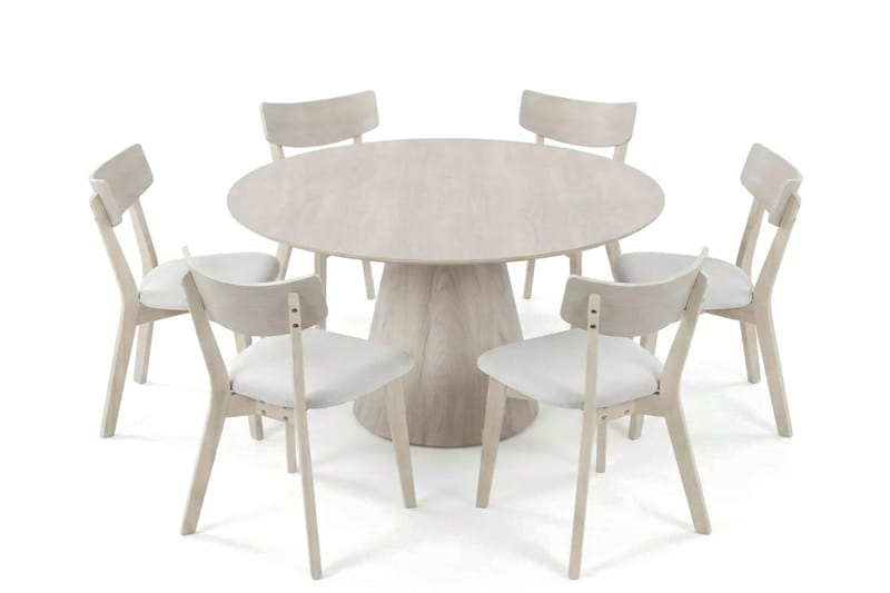 Siena Matgrupp 150 cm runt Vitlaserad med 6 Amelia Matstolar med Dyna - Vitlaserad/Beige - Möbler - Bord & matgrupp - Matgrupp