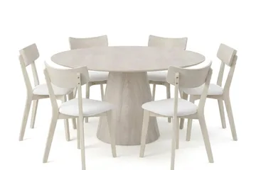 Siena Matgrupp 150 cm runt Vitlaserad med 6 Amelia Matstolar med Dyna - Vitlaserad/Beige - Möbler - Bord & matgrupp - Matgrupp