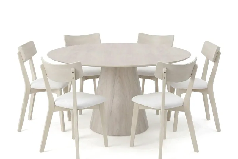Siena Matgrupp 150 cm runt Vitlaserad med 6 Amelia Matstolar med Dyna, Vitlaserad/Beige