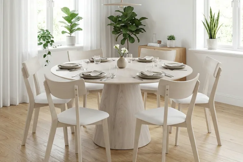 Siena Matgrupp 150 cm runt Vitlaserad med 6 Amelia Matstolar med Dyna - Vitlaserad/Beige - Möbler - Bord & matgrupp - Matgrupp