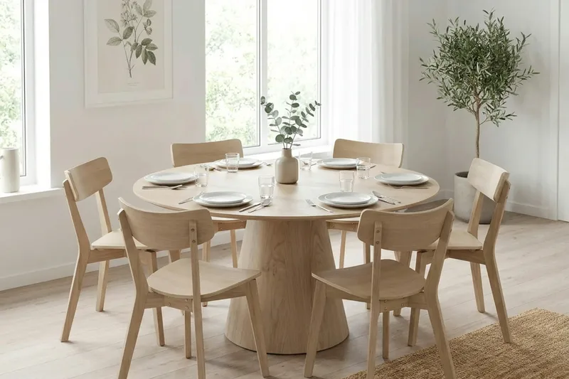 Siena Matgrupp 150 cm runt Vitlaserad med 6 Amelia Matstolar - Vitlaserad ek - Möbler - Bord & matgrupp - Matgrupp