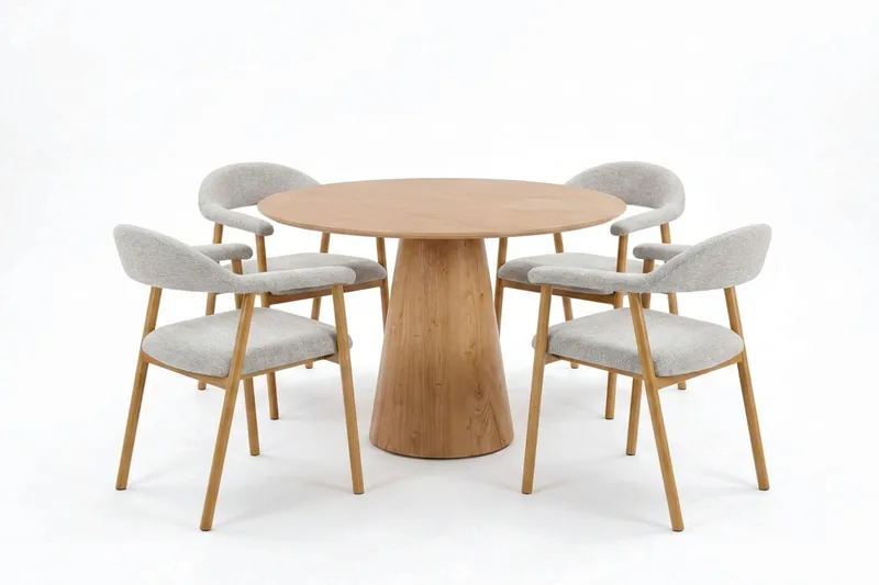 Siena Matgrupp runt 110 cm Ek med 4 Ronja Matstolar, Sand/Ek