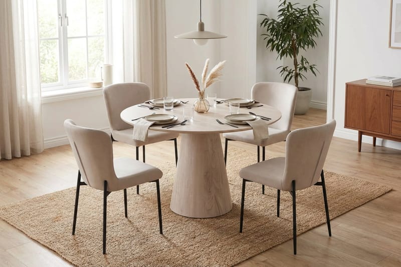 Siena Matgrupp runt 110 cm Vitlaserad med 4 Elsie Matstolar - Vitlaserad/Beige - Möbler - Bord & matgrupp - Matgrupp