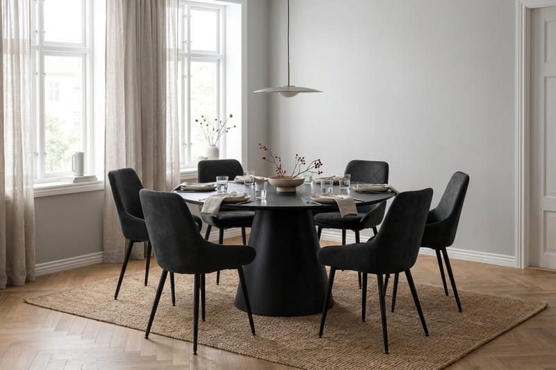 Siena Matgrupp runt 130 cm Svart med 6 Alsarp Matstolar - Svartlaserad ek - Möbler - Bord & matgrupp - Matgrupp