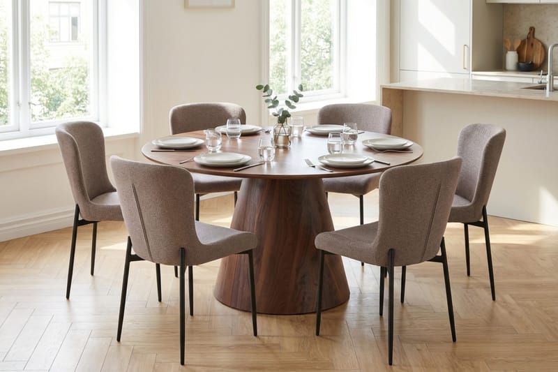 Siena Matgrupp runt 130 cm Valnöt med 6 Elsie Matstolar - Valnöt/Grå - Möbler - Bord & matgrupp - Matgrupp
